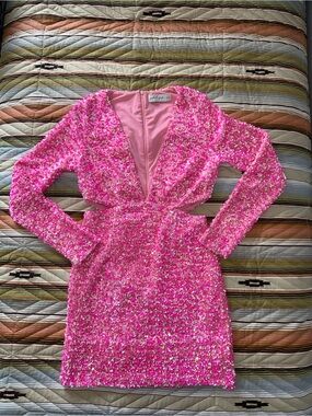 Petal & Pup Hot Pink Sequin Plunge Long Sleeve Mini Dress